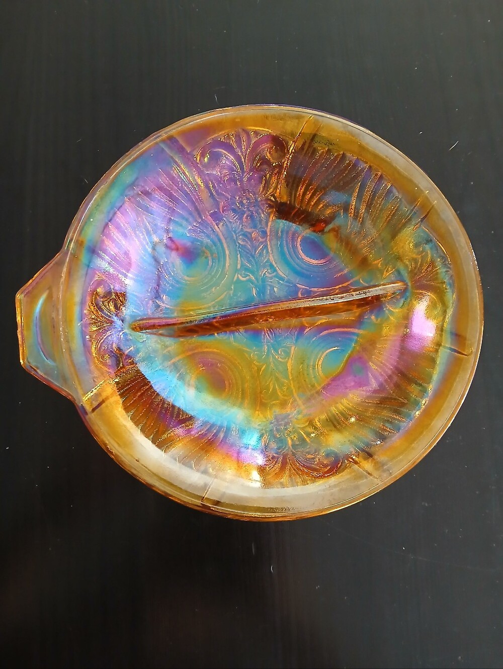 Amber Iridescent Glass Divided Serving Dish - Indiana Glass Carnival